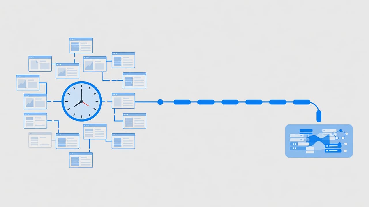 A split vector illustration displays two data management workflows. On the left, a ticking clock icon marks discrete snapshots, while the right side features a fluid, continuous flow line in blue.