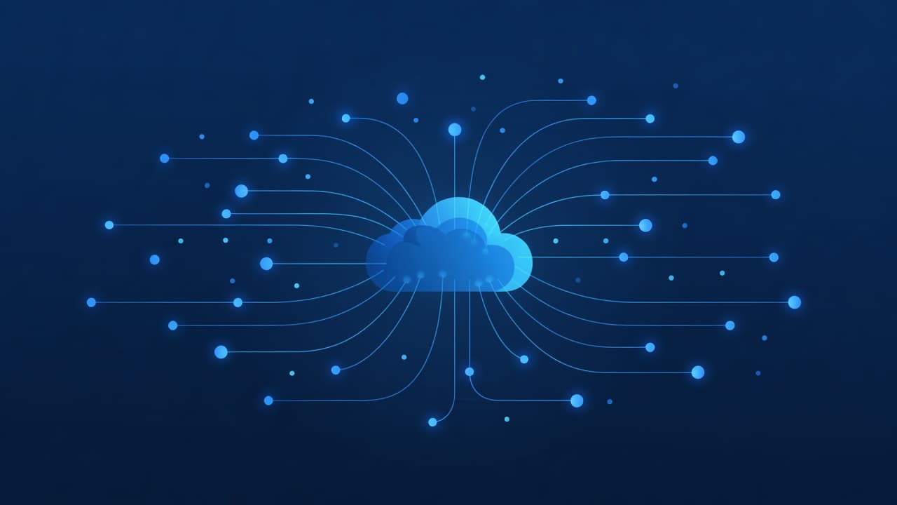 Glowing light nodes are linked by thin, luminous lines converging toward a central cloud formation. The clean vector design uses varying shades of blue to illustrate complex information systems and connectivity.