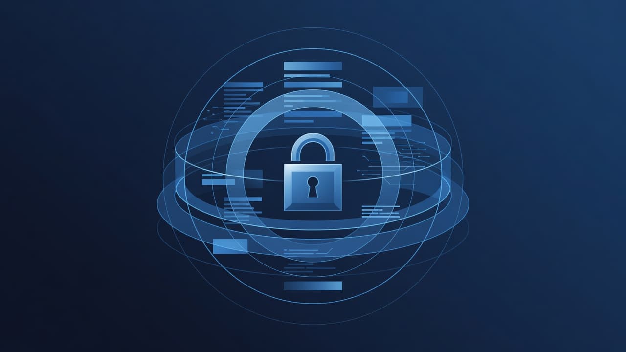 A stylized padlock icon floats centrally above translucent geometric layers representing hierarchical permissions. The composition uses a crisp monochromatic blue color palette to emphasize a clean and secure digital workspace.