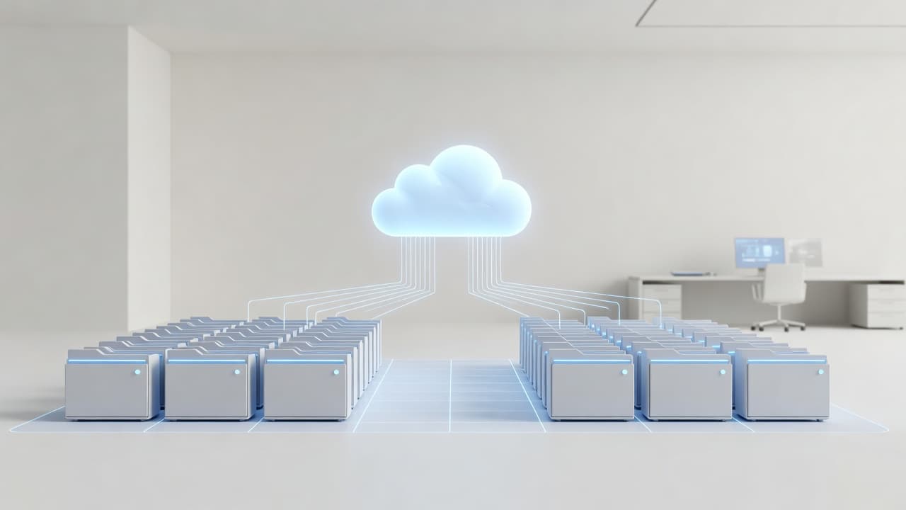 A glowing white cloud icon floats above a row of organized blue digital file cabinets. Soft light emanates from the symbols to represent secure storage systems within a minimalist workspace environment.