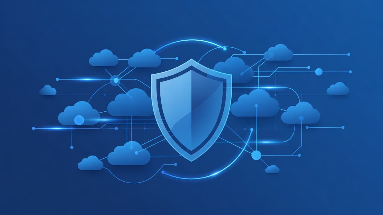 A glowing geometric shield protects a cluster of cloud icons, connected by thin lines representing active data streams. The cool blue background features smooth gradients and minimalist networking nodes throughout.