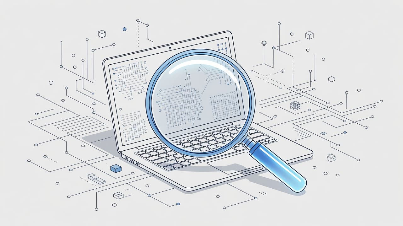 A sleek digital magnifying glass hovers over a laptop screen, revealing intricate glowing blue data patterns beneath the surface. This artistic depiction emphasizes deep system inspection and precise technical troubleshooting processes.