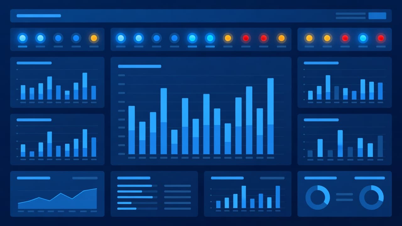 A clean interface displays vibrant blue bar charts and circular status indicators representing system health. Sharp geometric shapes and minimalist design elements convey technical efficiency for modern corporate IT management environments.