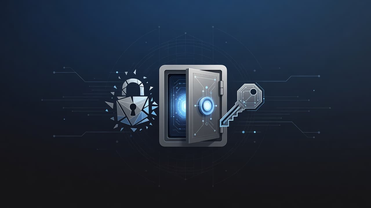 A radiant blue vault icon stands center stage, accompanied by abstract floating lock and key components. The minimalist composition utilizes sharp geometric lines against a clean, uncluttered dark background surface.