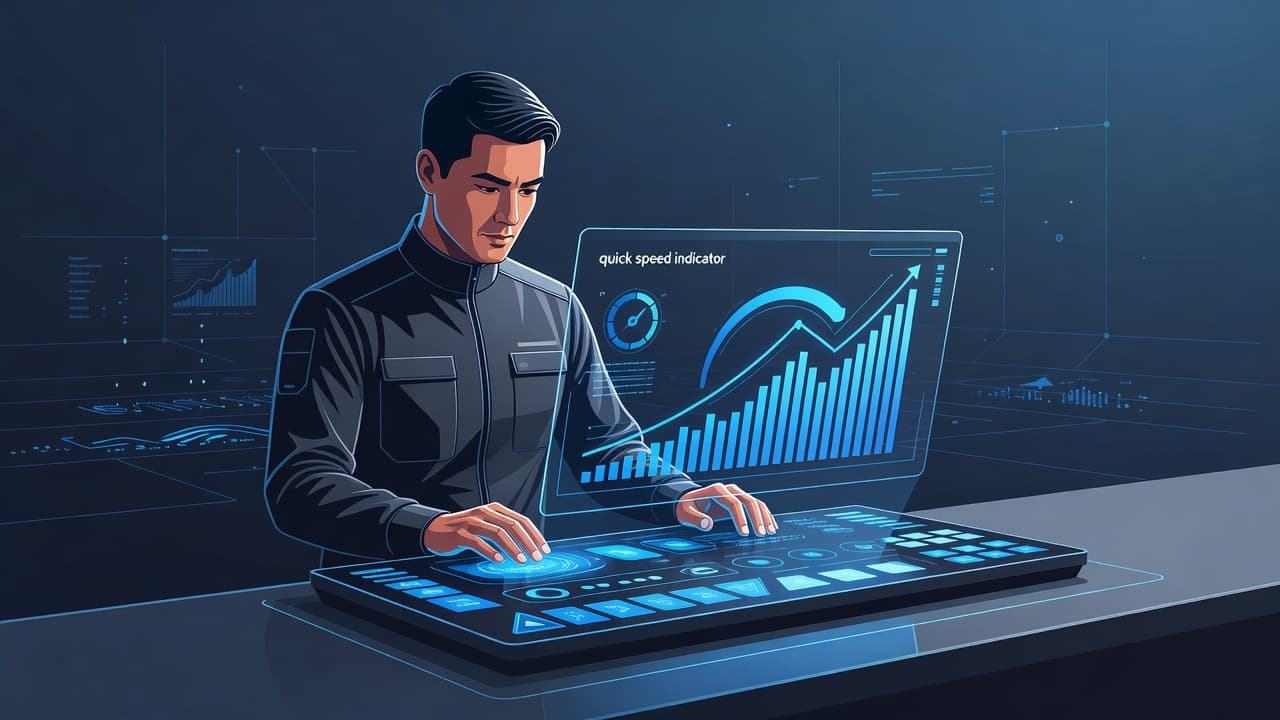 A digital illustration features a stylized recovery console rendered in soothing cool blue tones. Clean geometric shapes represent rapid data restoration processes with a prominent circular speed gauge measuring progress.