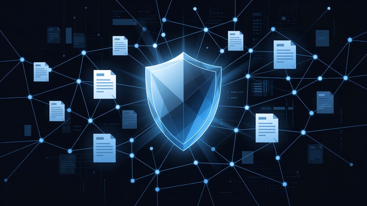 A radiant blue shield sits at the center of a complex web, safeguarding interconnected data nodes and abstract business documents. Soft light emanates from the core across a dark geometric background.