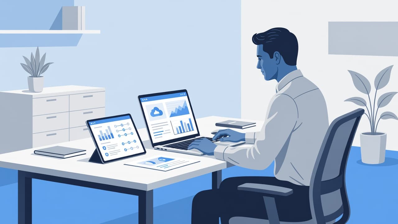 A focused professional works at a minimalist desk equipped with a sleek laptop and digital tablet. The clean environment features soft blue accents and an organized layout for planning IT strategies.