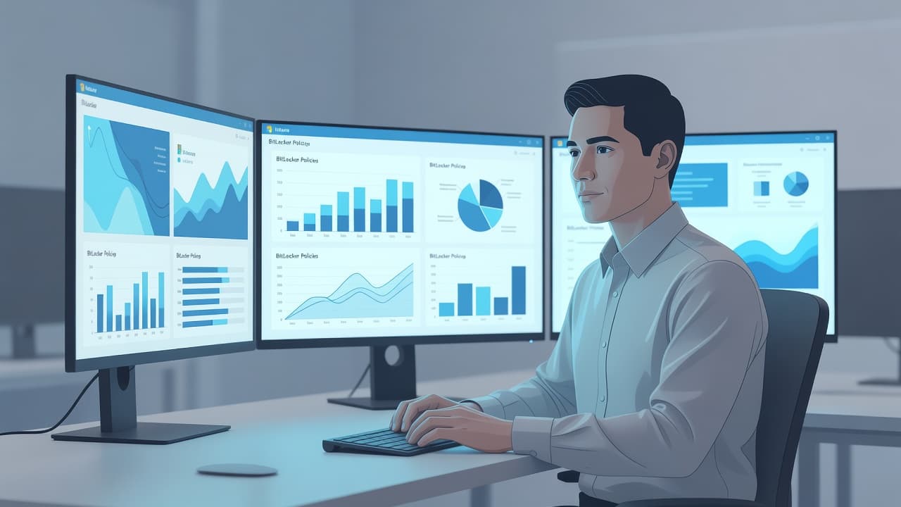 An IT professional sits at a clean workstation illuminated by the cool blue glow of multiple monitors. The screens display intricate data visualizations and abstract network security status charts for devices.