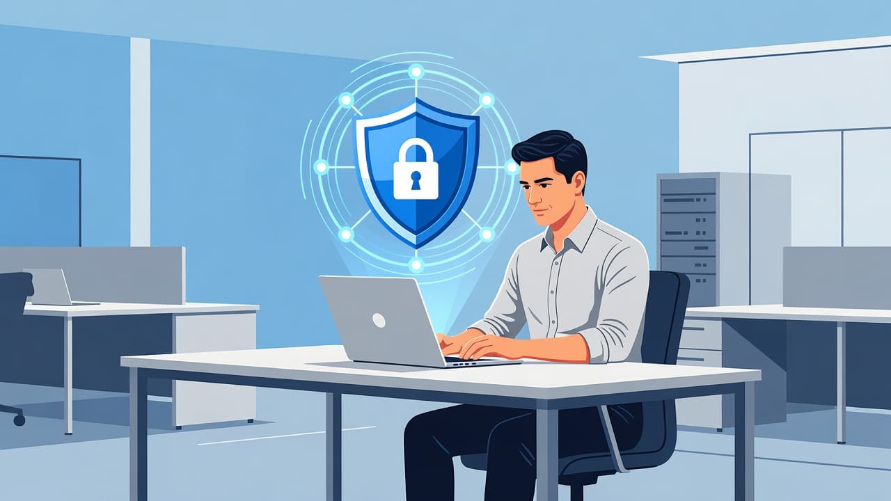 An IT professional sits at a desk focusing on a laptop while a digital, glowing network security icon floats overhead. The workspace features clean, professional sky-blue accents and organized equipment.