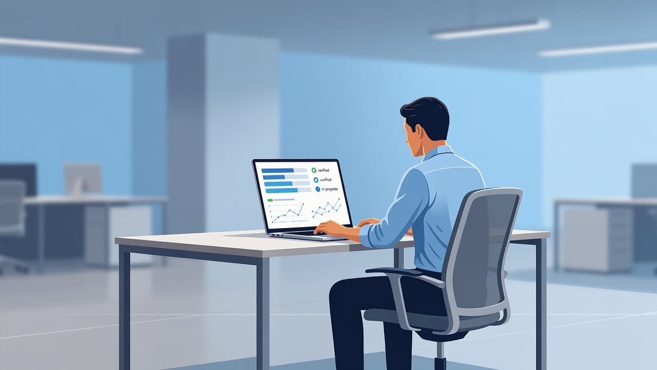 An IT professional sits at a clean desk viewing a digital dashboard on a laptop. The minimalist office features cool blue lighting, reflecting a secure environment for testing cloud backups.