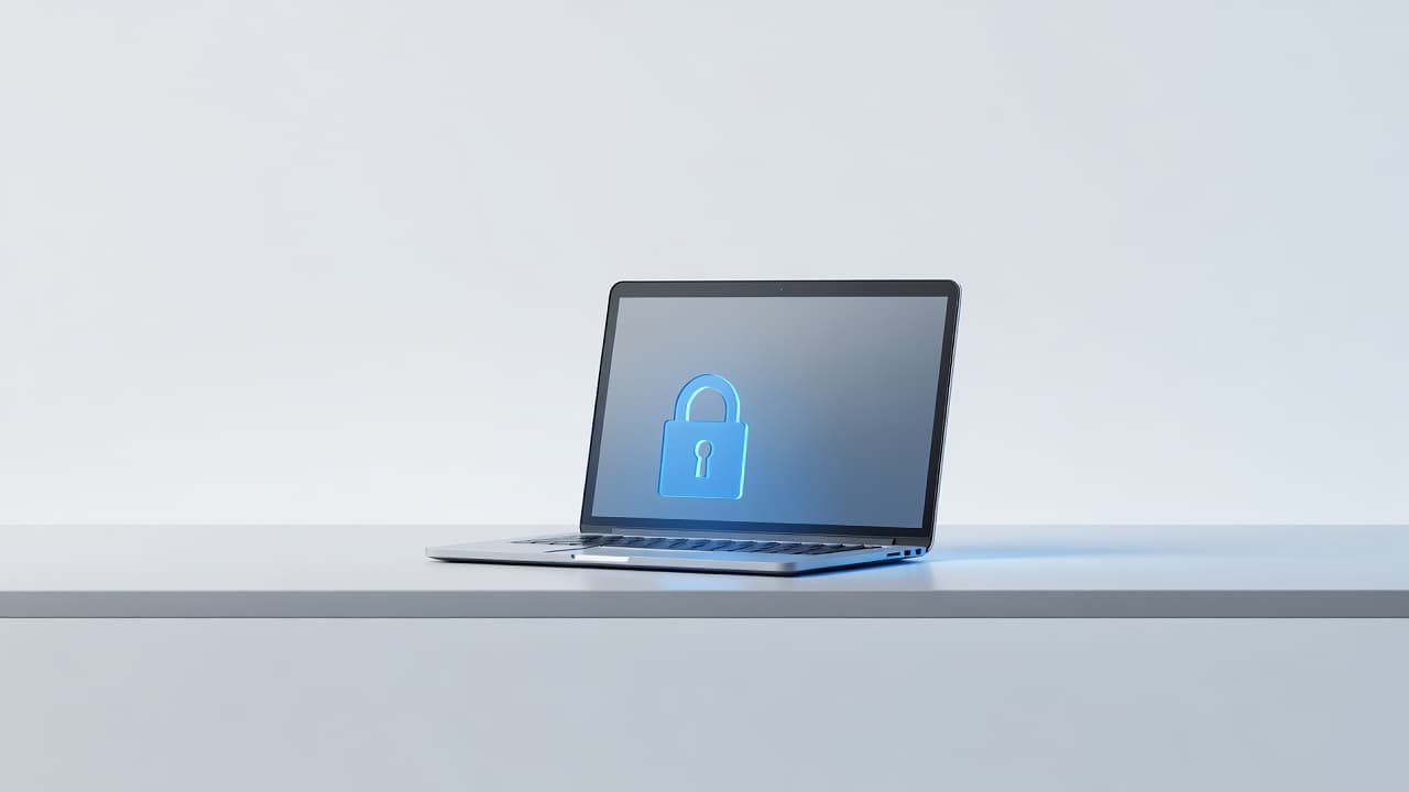 A sleek silver laptop rests on a minimalist desk surface. A glowing, semi-transparent digital padlock icon floats above the device, highlighted with cool blue lighting to signify data encryption status.