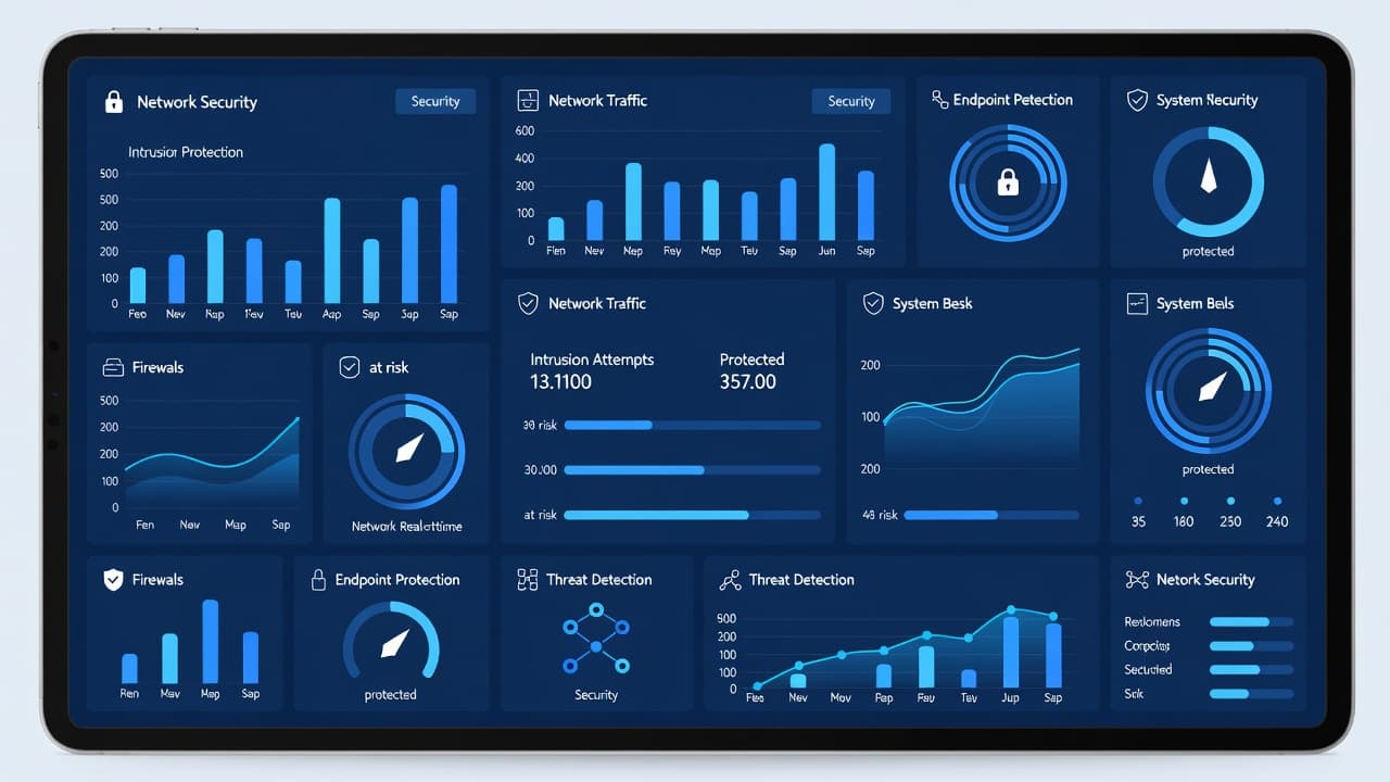 A digital tablet screen displays a minimalist network security interface with blue data charts and graphical status indicators. This clean layout provides a high-level overview of small business system protection.