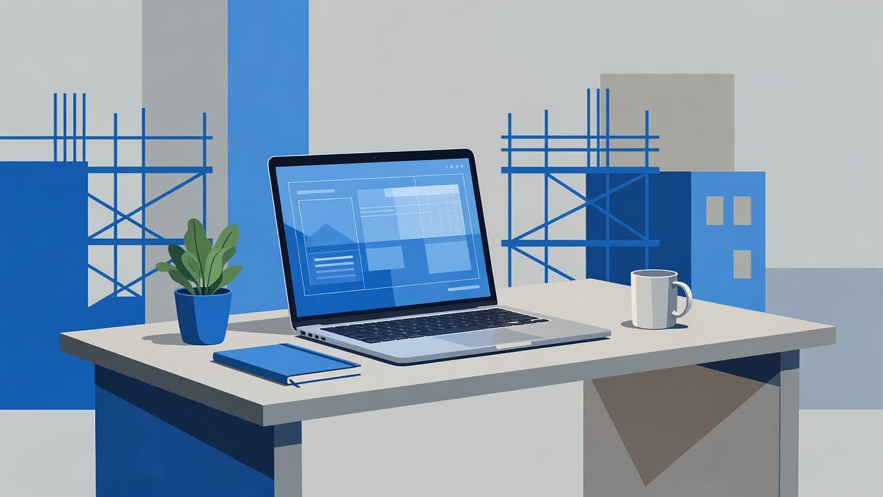 A sleek laptop rests on a minimalist desk within a jobsite office, bathed in professional cool blue tones. Clean geometric shapes and an organized layout emphasize a focus on digital security.