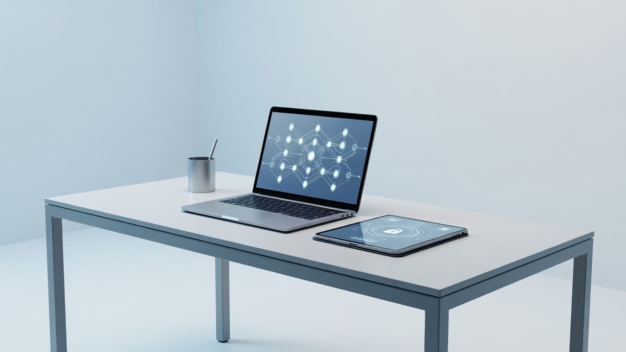 A sleek desk features a silver laptop and tablet resting on a minimalist surface. The scene utilizes cool blue accents and clean geometric shapes to evoke a professional clinical environment.