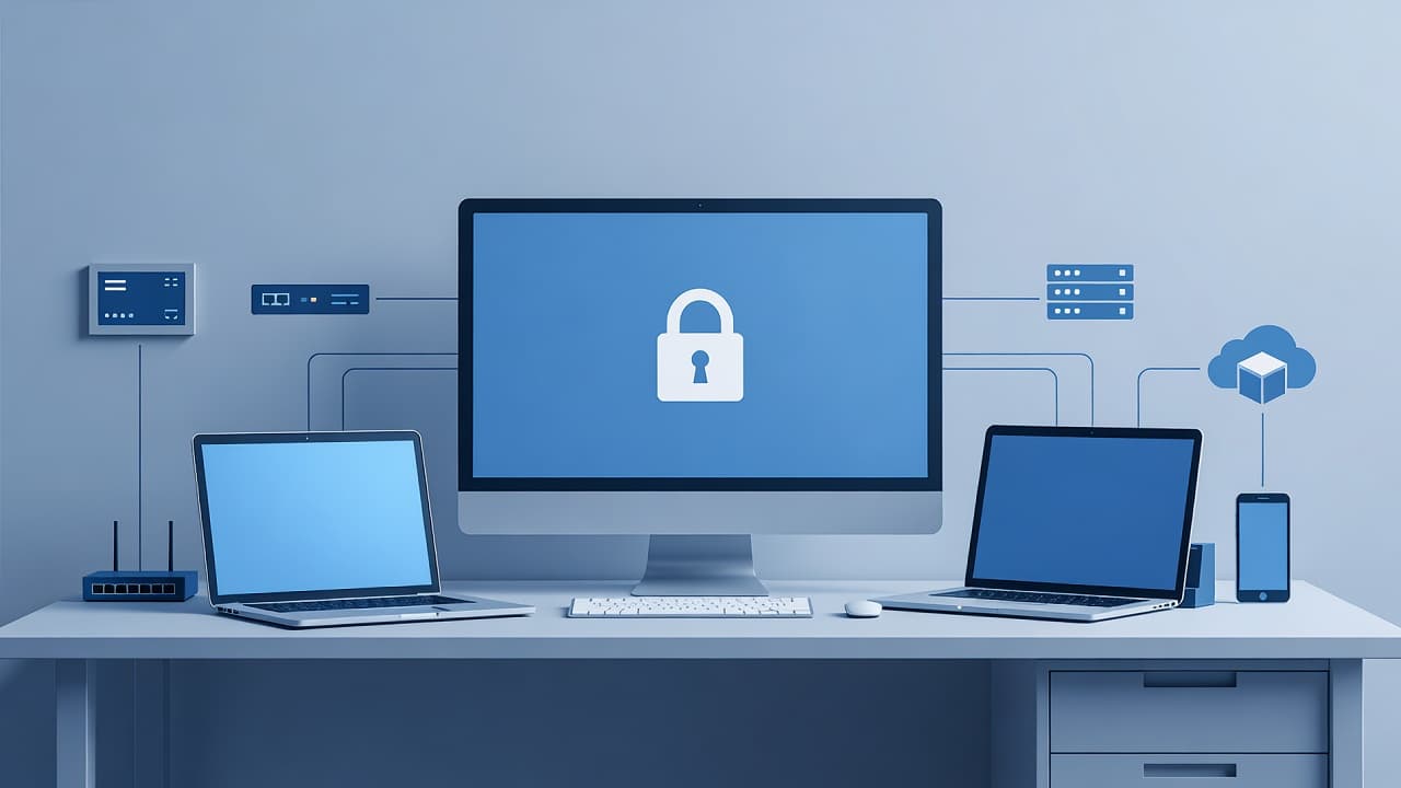 A professional desktop monitor displays a glowing blue lock icon against a clean, minimalist workstation. The cool color palette emphasizes a secure environment designed for effective hardware and asset protection.