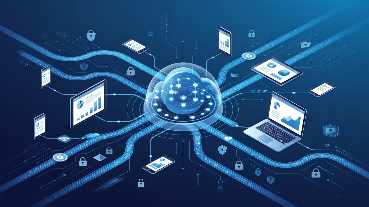 A central cloud server icon connects via glowing lines to a tablet and a sleek laptop. The scene utilizes a cool blue aesthetic with geometric shapes to represent a secure digital network.