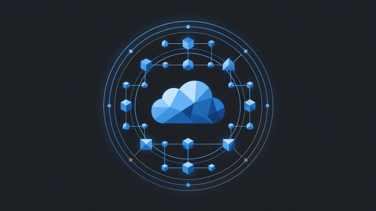 Interconnected geometric shapes in shades of cool blue form a structured web, representing layers of digital protection. This minimalist illustration highlights a secure environment guarding sensitive cloud-based infrastructure against potential threats.
