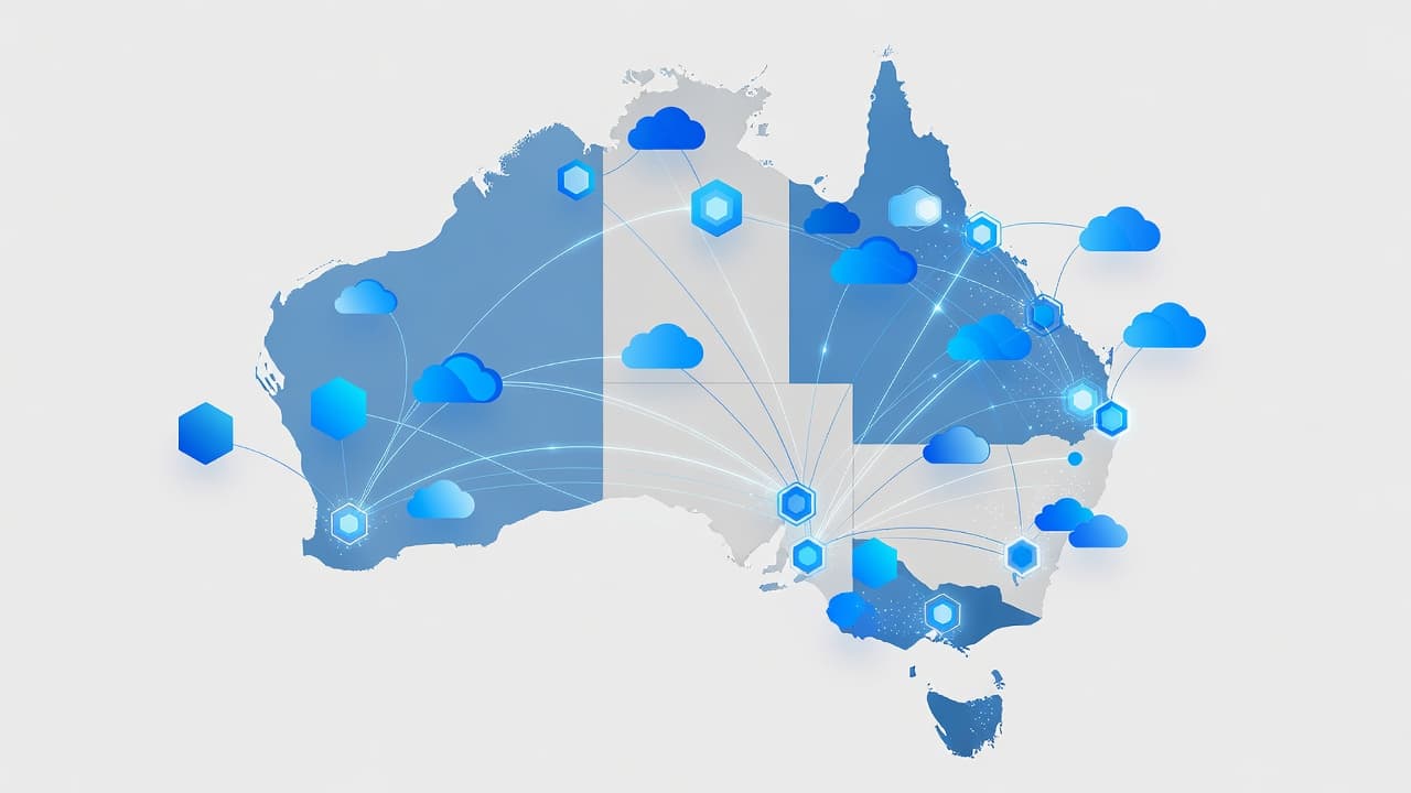 A clean, stylized illustration of the Australian continent features interconnected glowing nodes and abstract data paths. Cool blue geometric shapes highlight digital infrastructure connections across the vast landmass against a white background.
