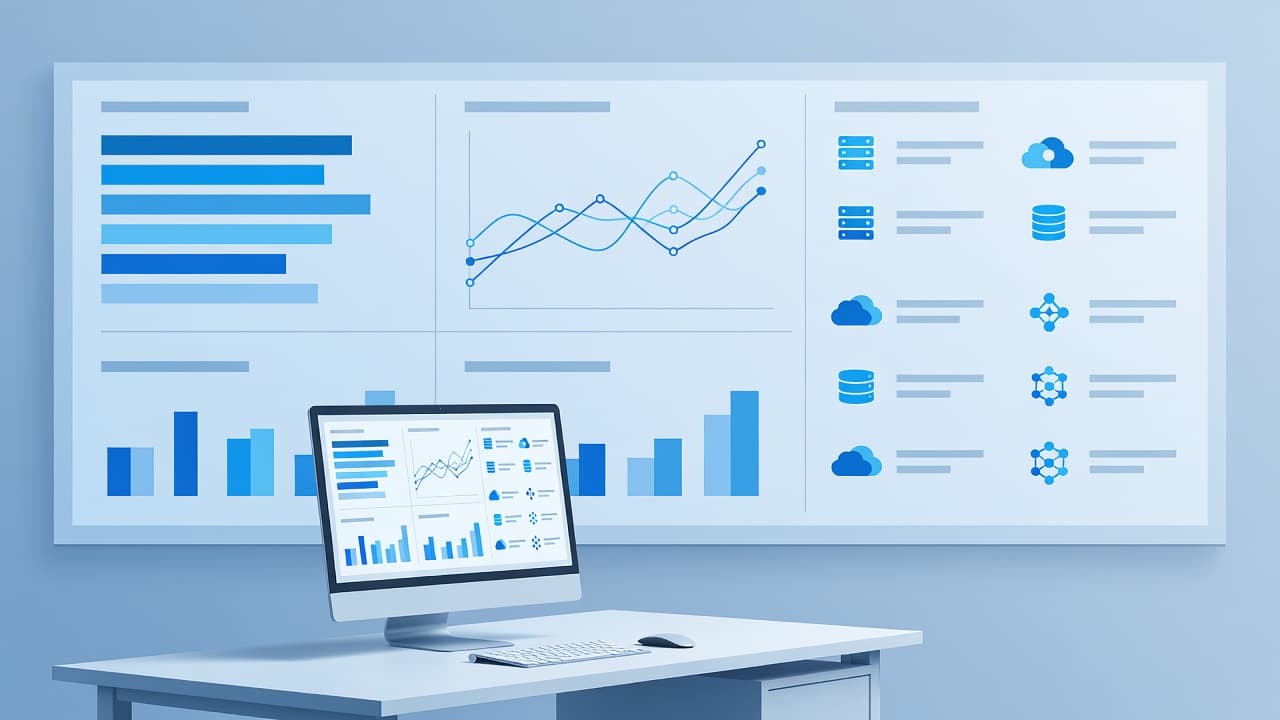 A clean digital interface features abstract bar graphs and line charts representing cloud metrics. Cool blue tones illuminate the minimal vector display, emphasizing organized data structures and server resource efficiency.