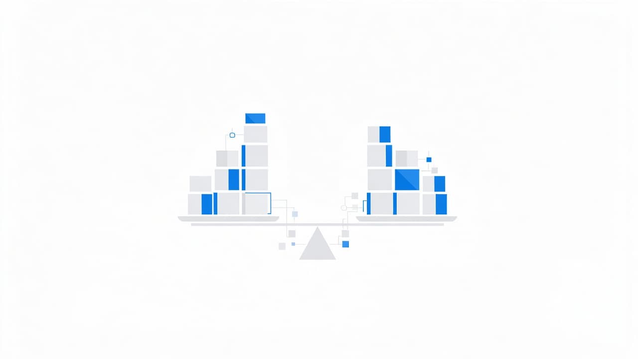 A set of stylized geometric weights rests on a flat balance scale set against a clean white backdrop. Soft blue accents highlight the mechanical components representing efficient digital load management.