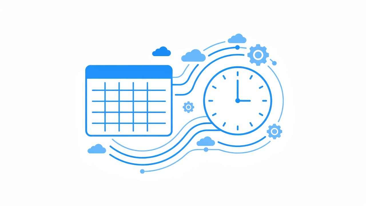 A flat-style digital calendar icon paired with a minimalist circular clock symbol. These blue graphics are centered on a clean white background, representing efficient automated management systems for cloud computing infrastructure.