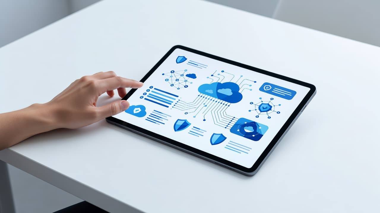 A professional hand rests near a tablet showing a blue data dashboard on a desk.