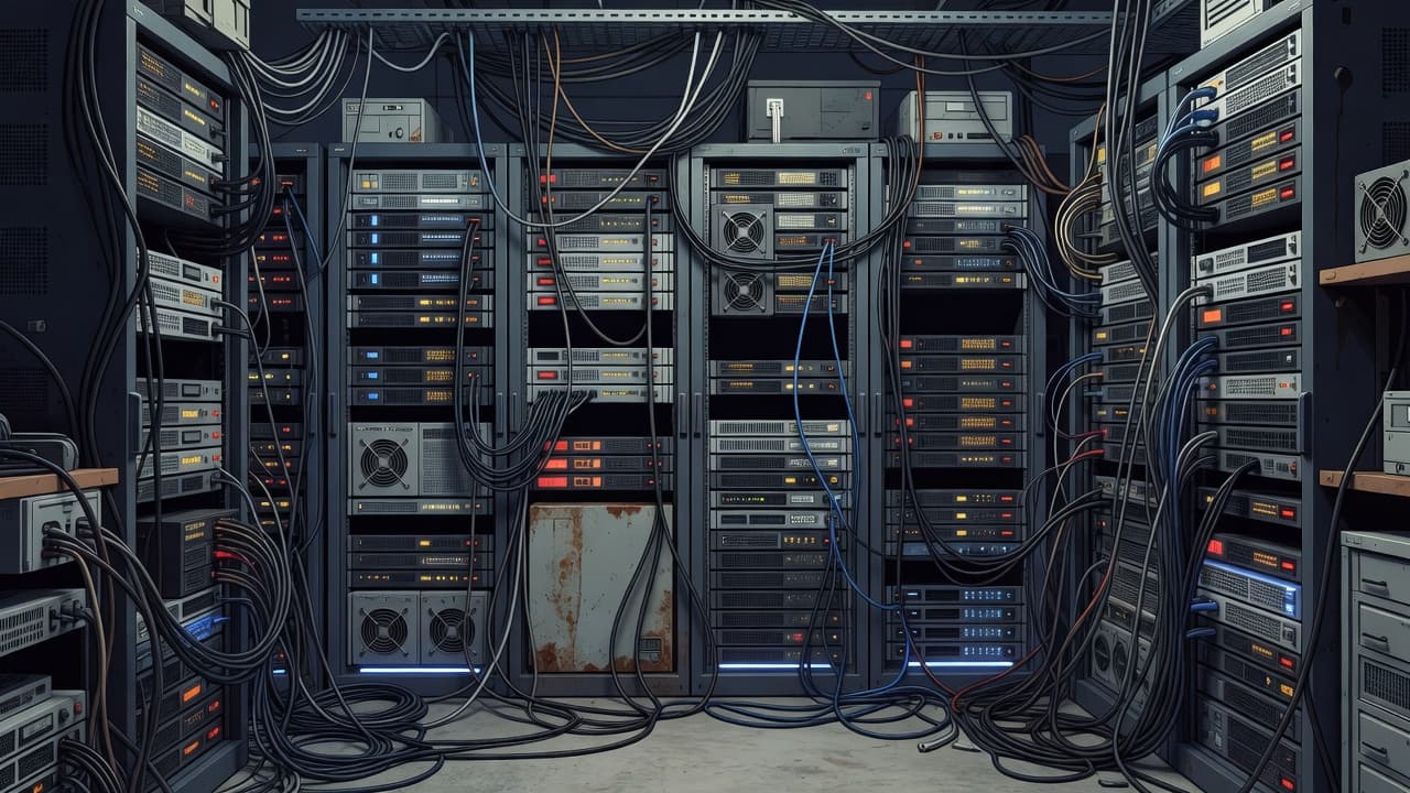 A dense network of thick cables spills across the floor of a crowded server room. Soft blue ambient lighting highlights the metallic racks, creating a sense of technical disorder and constraint.