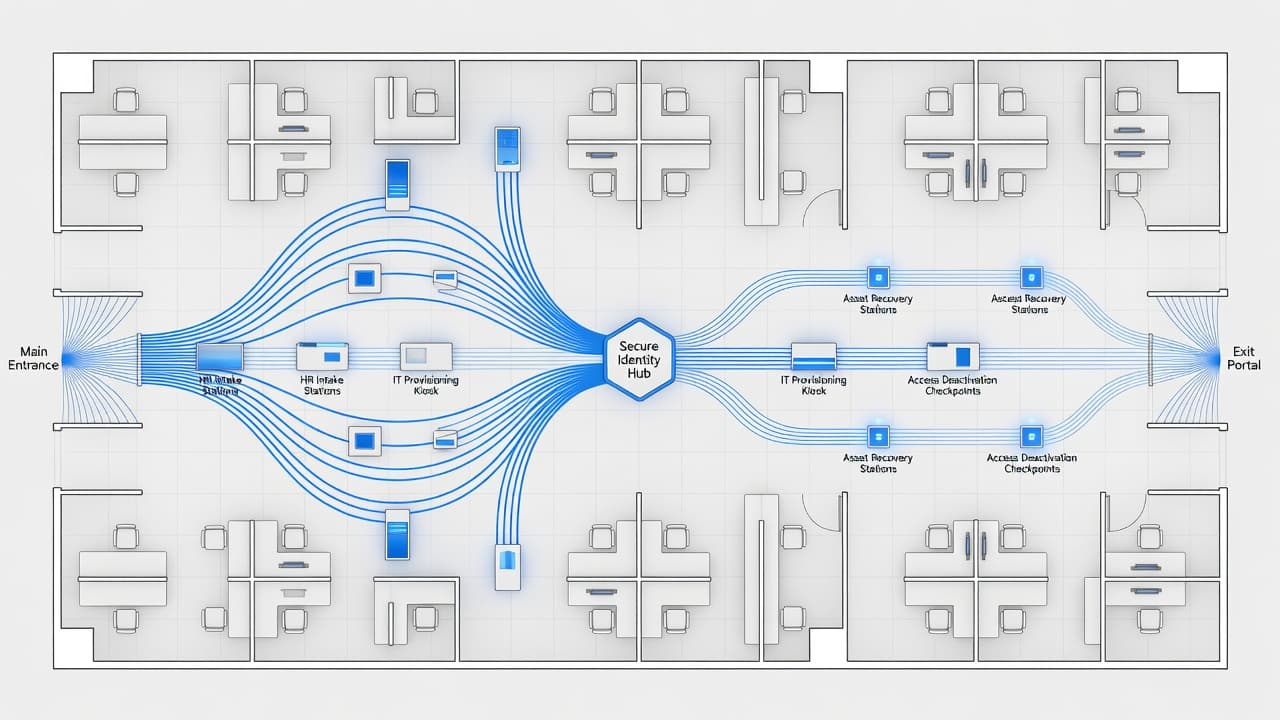 An overhead architectural floor plan illustration features minimalist geometric shapes connected by lines in shades of cool blue. The design depicts systematic flow patterns across a professional office environment layout.