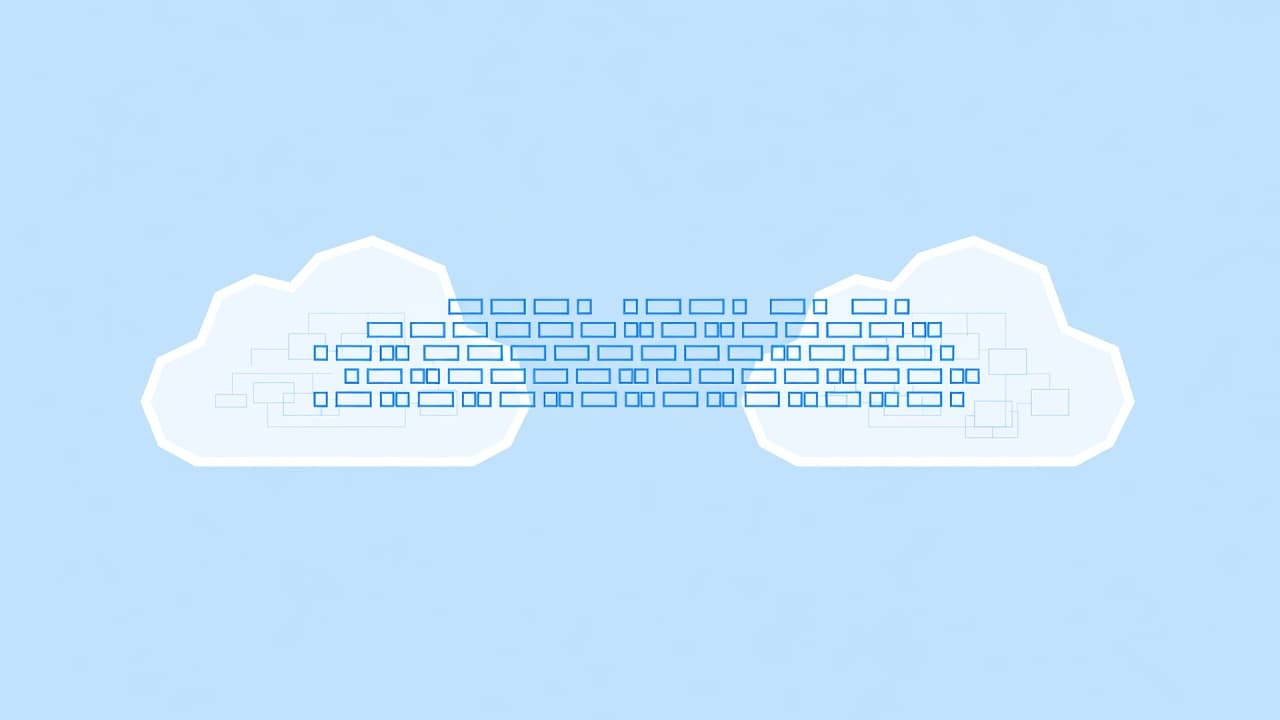 Clean geometric shapes represent data packets flowing through arched paths between two distinct cloud icons. These blue-toned digital structures are set against a minimalist white background to emphasize technical process connectivity.