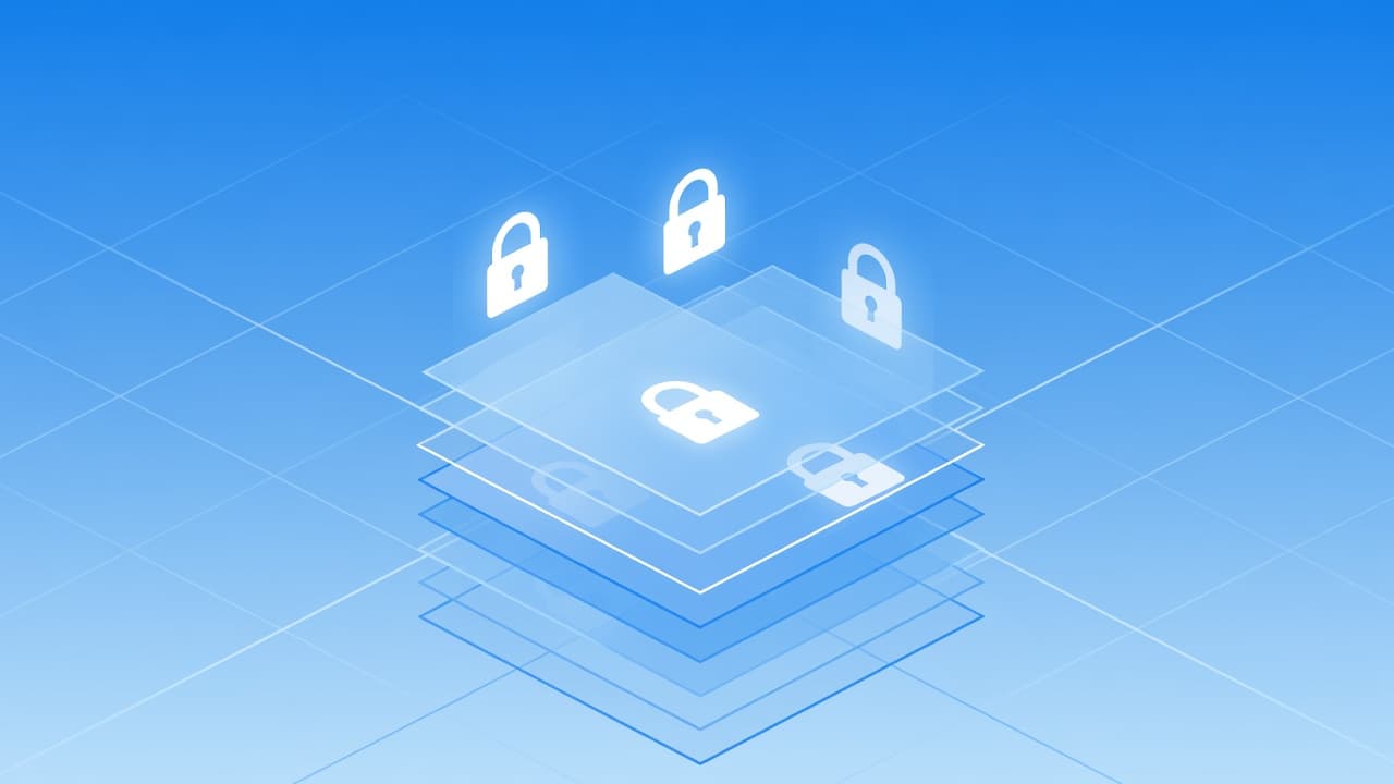 Floating digital file icons feature prominent lock symbols to represent secure information. The clean illustration uses vibrant blue tones against a neutral backdrop to visualize data protection and strict compliance standards.