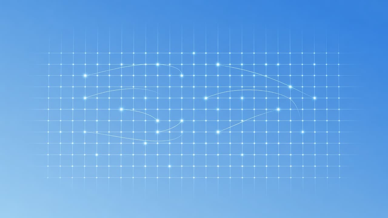 A network of glowing blue light nodes connects across a dark background in a precise geometric pattern. These interconnected lines symbolize data protection and organized access governance within modern software systems.