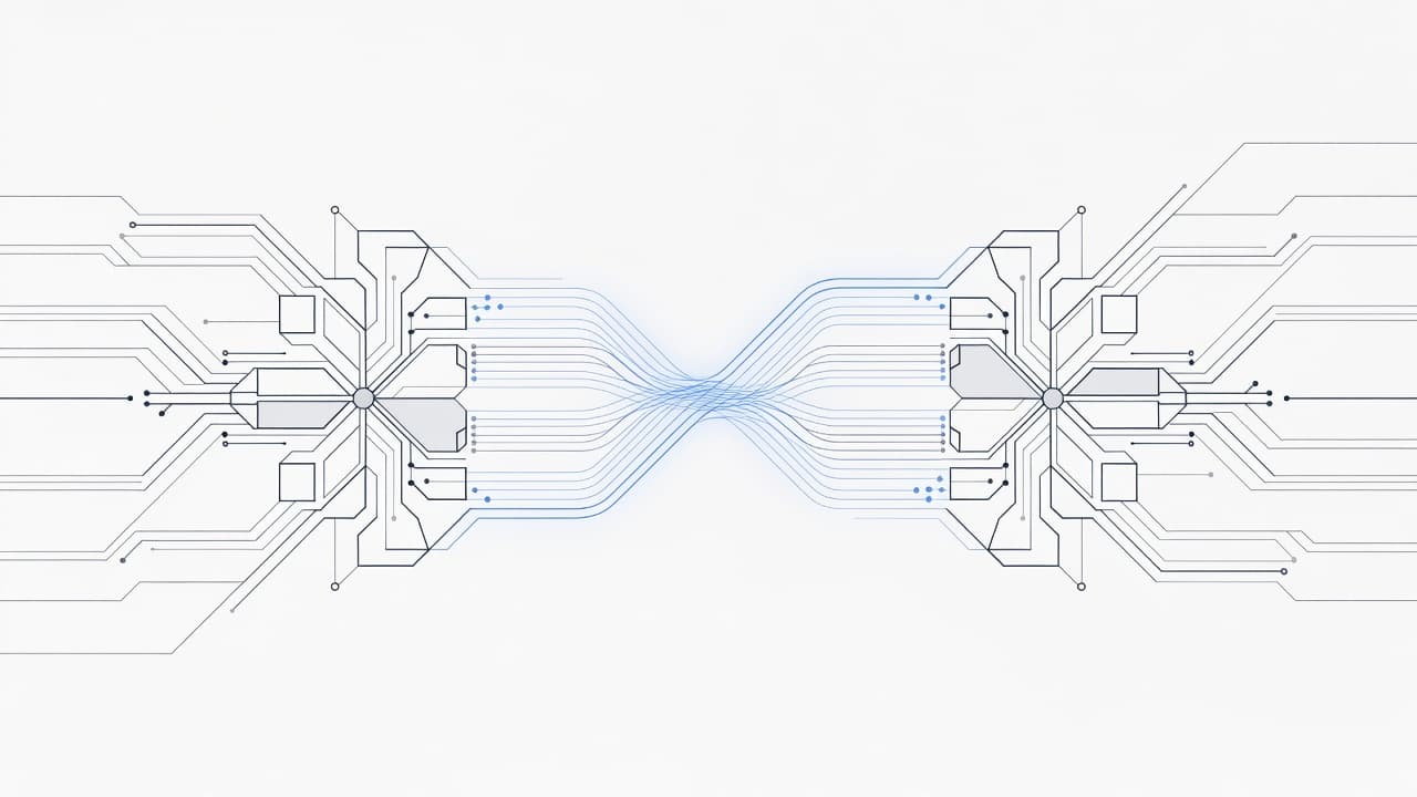Two abstract blue geometric nodes slowly converge against a clean white background. Thin lines radiate from the centers to signify a complex connection between two separate corporate infrastructure systems.
