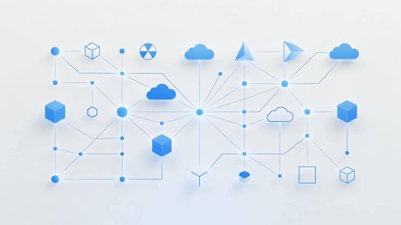 Clean geometric nodes and connectivity lines form a minimalist structure representing digital infrastructure. The composition utilizes a soft neutral background with cool blue accents to depict a modern technical system audit.