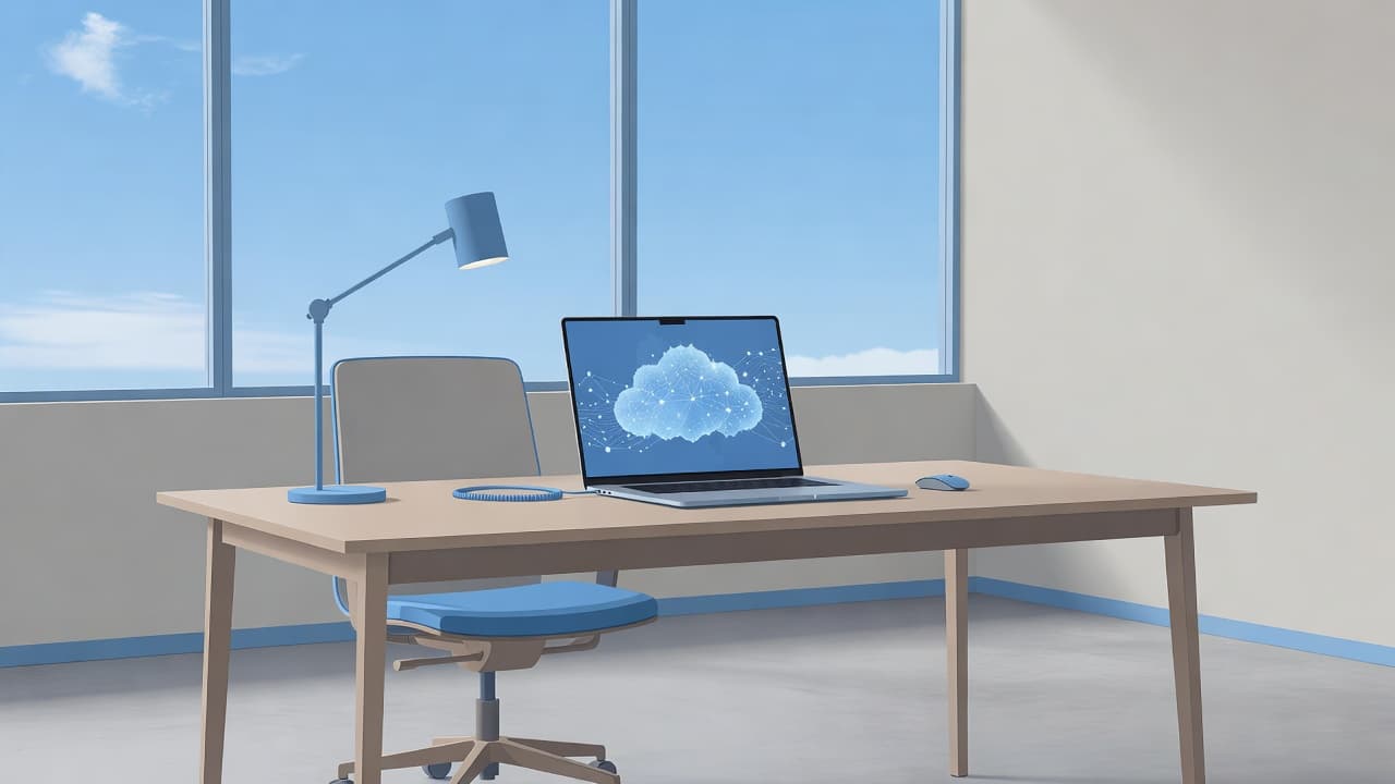 A sleek, minimalist desk supports a solitary laptop featuring blue screen accents. The tidy environment uses cool tones and geometric shapes to represent a streamlined transition to modern cloud-based business infrastructure.
