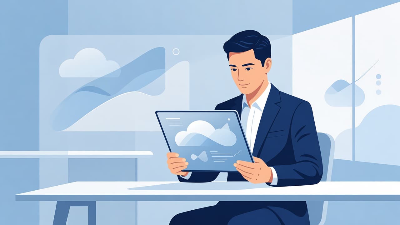 A professional examines a digital dashboard on a tablet featuring abstract blue data trends and geometric growth charts. The bright minimalist office provides a clean backdrop for cloud infrastructure monitoring.