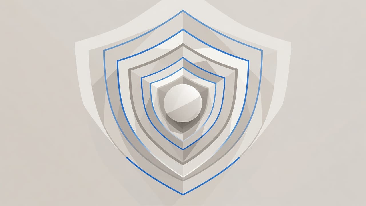 A central geometric orb sits protected by multiple translucent, layered shields in soft neutral tones. Sharp, cool blue light accents pulse from the core to signify active system monitoring and safety.