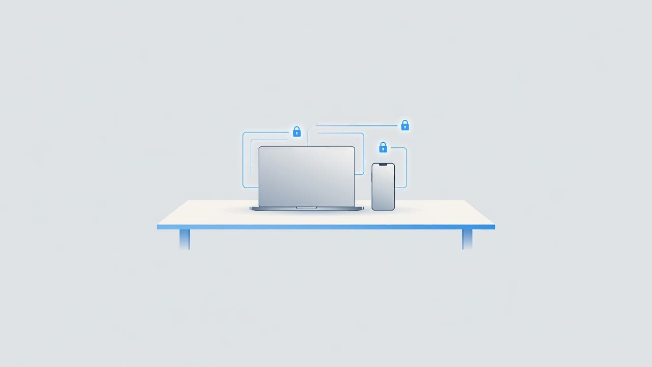 A sleek laptop sits next to a modern smartphone on a clean, professional desk. The workspace features soft blue accents and minimalist design elements intended to visualize a streamlined digital onboarding process.