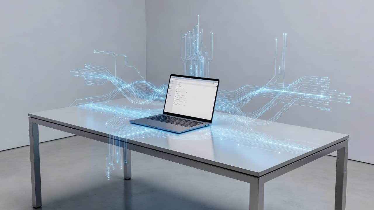 A sleek laptop sits on a minimalist desk surrounded by abstract glowing blue light streams that symbolize data protection. The composition emphasizes a clean professional atmosphere for managing cloud software security.