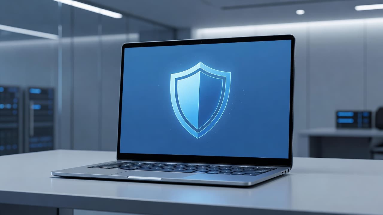 A sleek professional laptop displays a glowing digital shield icon on its screen interface. The scene features cool blue lighting and clean lines, highlighting a high-tech environment for network device security.