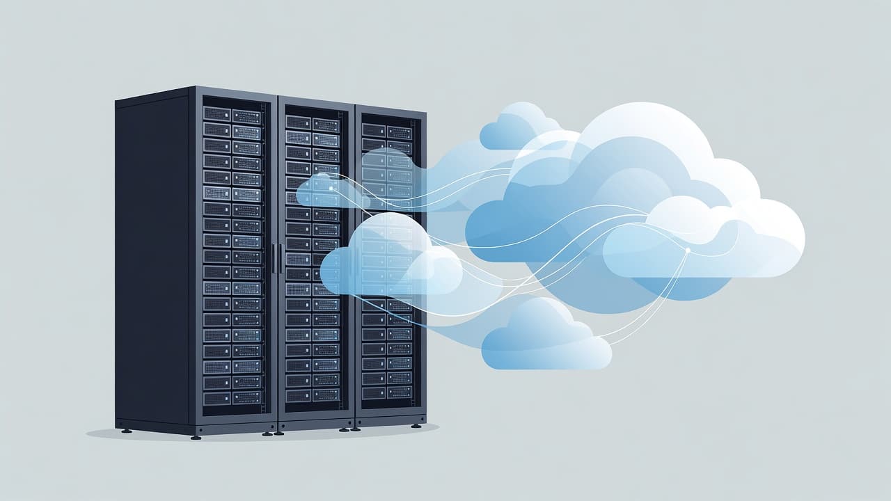 A sturdy metal server rack stands on the left in cool blue tones, contrasted by ethereal, flowing cloud shapes on the right that represent digital data storage and expansive web flexibility.