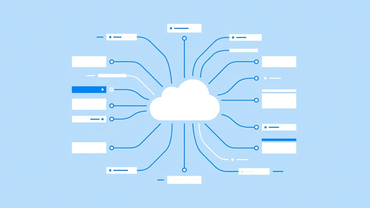 A clean geometric illustration displays a central hub connecting orbiting modules within a light blue interface. These interconnected shapes signify a streamlined digital system ready for a final cloud deployment.